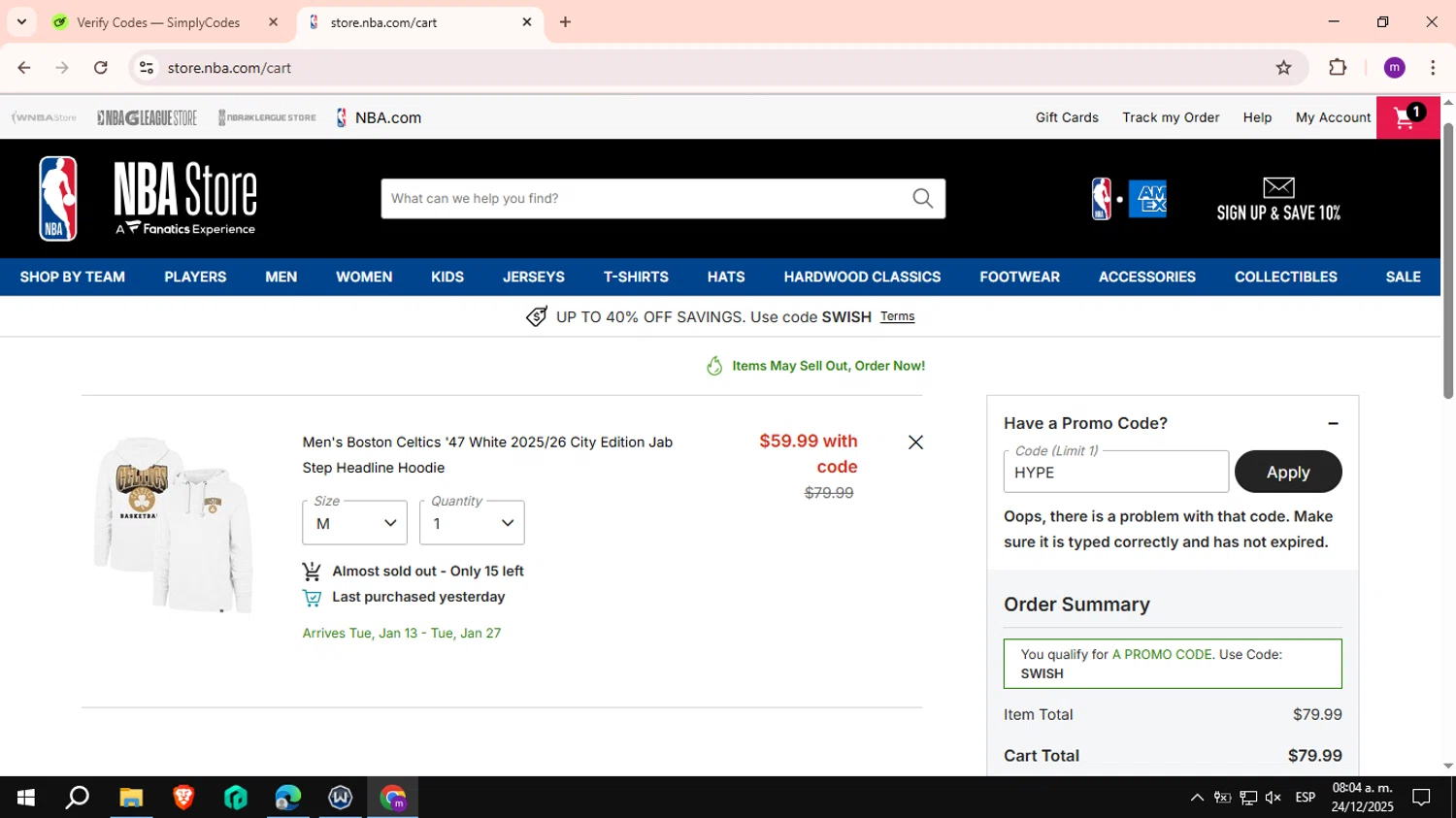 Boston Celtics promo code screenshot showing code HYPE applied at Boston Celtics checkout page. Uploaded by SimplyCodes community member VictoriousCurator6515 on Dec 24, 2025