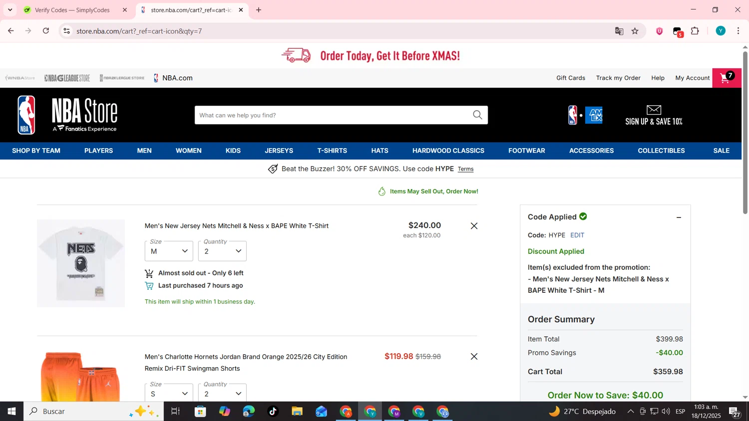 Boston Celtics checkout page showing Boston Celtics promo code box | Screenshot taken by SimplyCodes community member on Dec 18, 2025