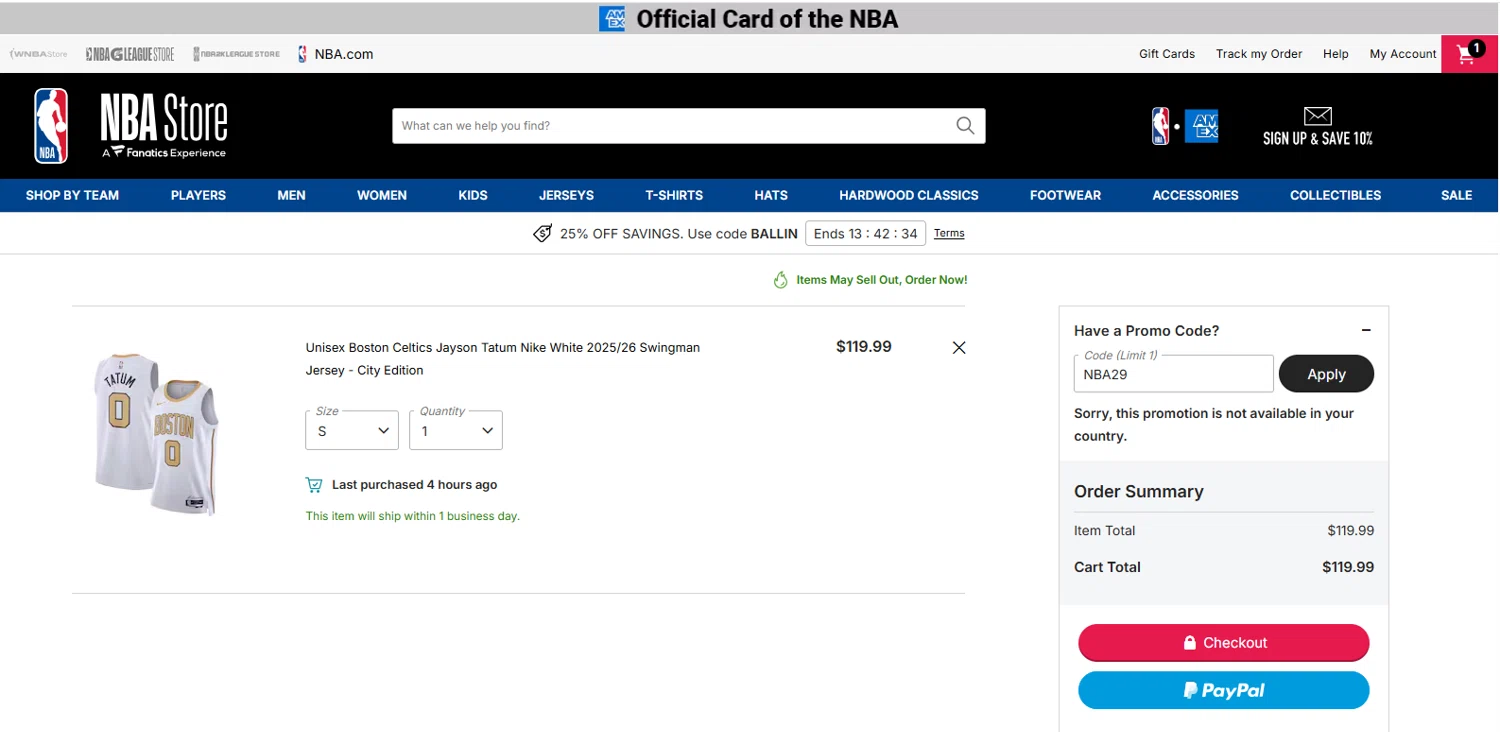 Boston Celtics promo code screenshot showing code NBA29 applied at Boston Celtics checkout page. Uploaded by SimplyCodes community member MagnifiHero3476 on Jan 23, 2026