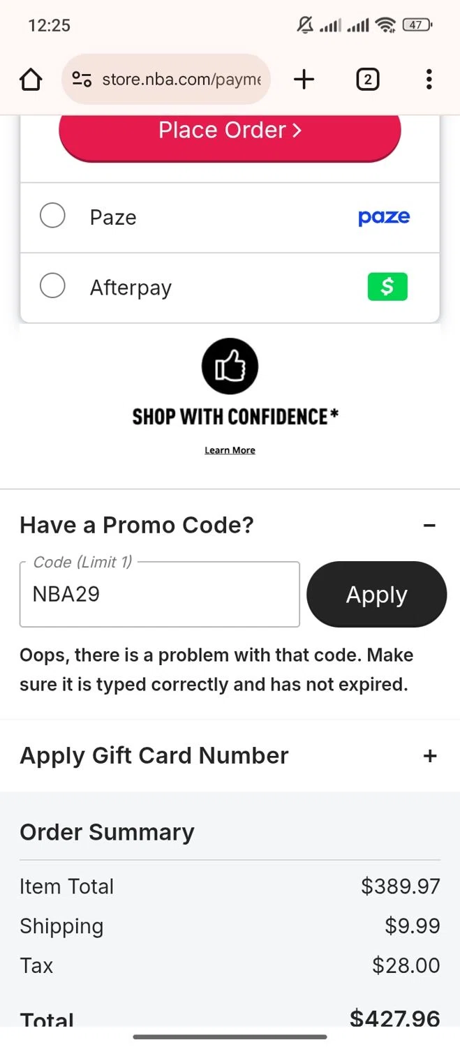 Boston Celtics promo code screenshot showing code NBA29 applied at Boston Celtics checkout page. Uploaded by SimplyCodes community member ParisSmith on Nov 16, 2025