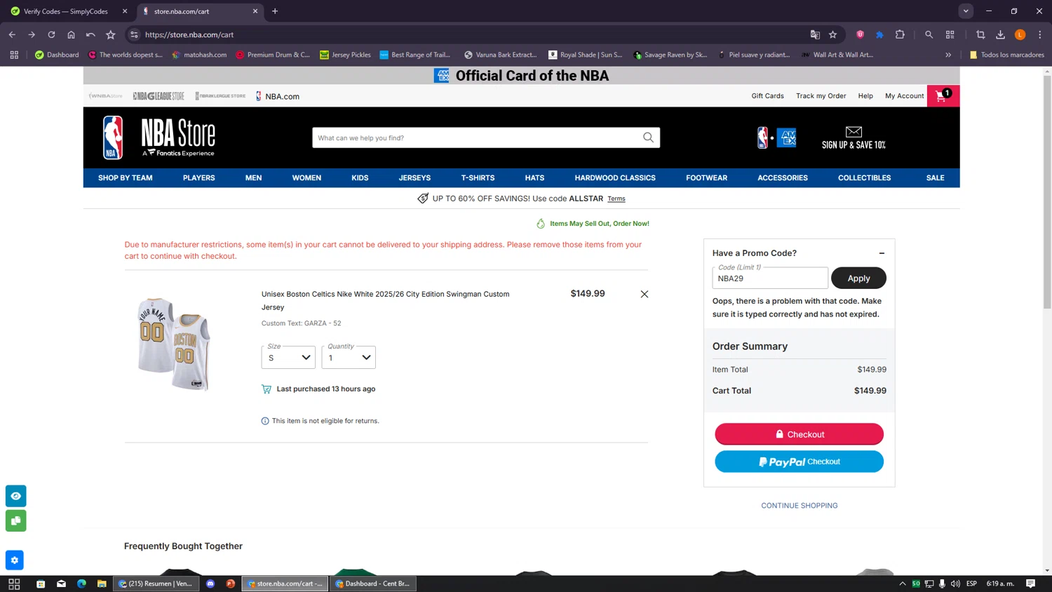Boston Celtics promo code screenshot showing code NBA29 applied at Boston Celtics checkout page. Uploaded by SimplyCodes community member VayneChambeadora on Feb 14, 2026
