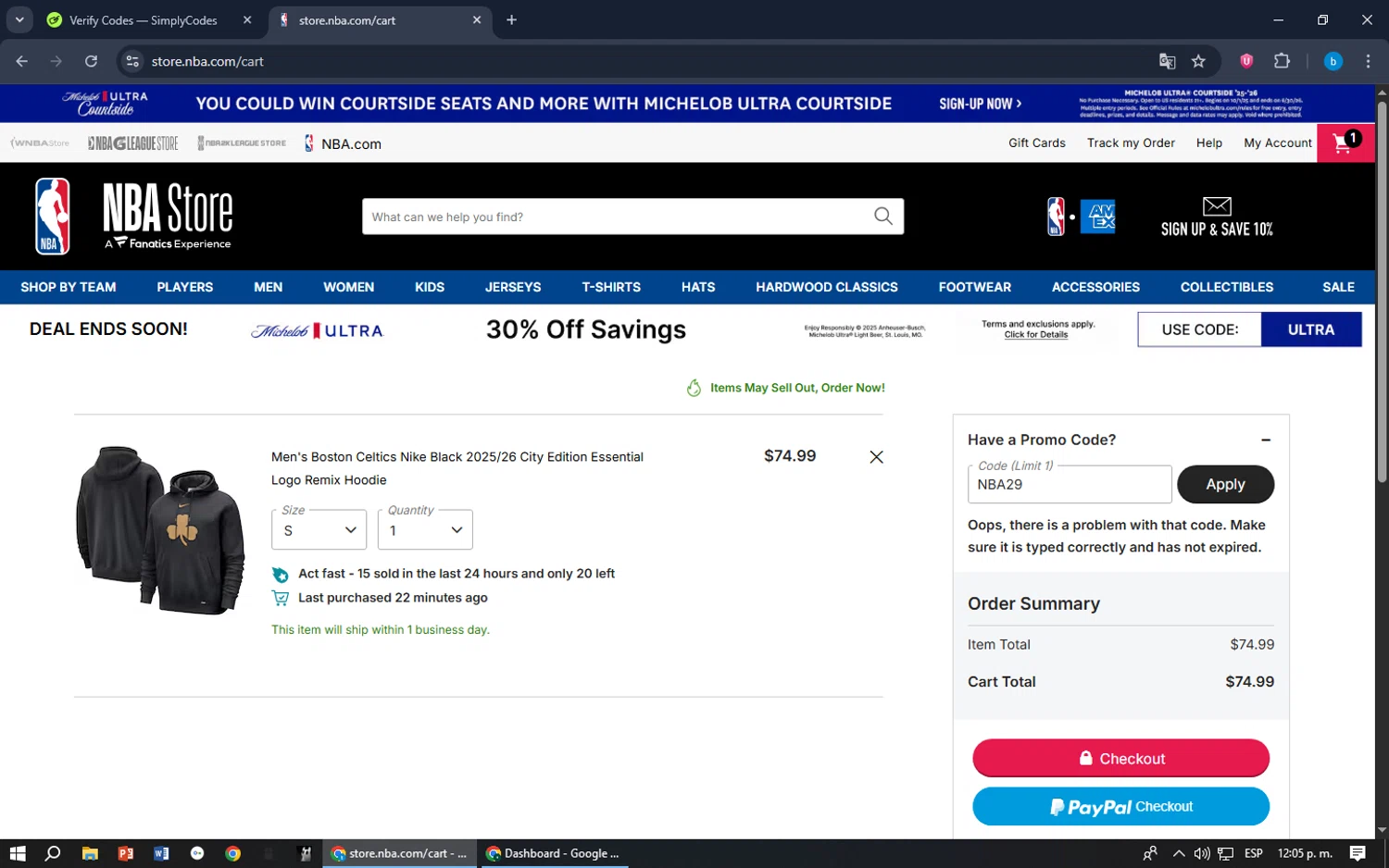 Boston Celtics promo code screenshot showing code NBA29 applied at Boston Celtics checkout page. Uploaded by SimplyCodes community member bilijr on Nov 16, 2025