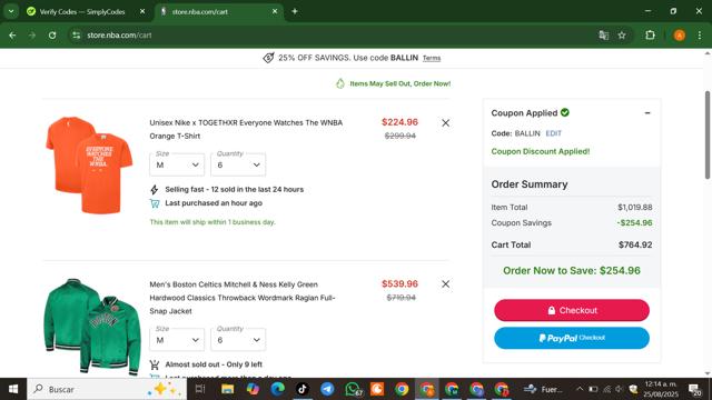 Boston Celtics checkout page showing Boston Celtics promo code box | Screenshot taken by SimplyCodes community member on Aug 25, 2025