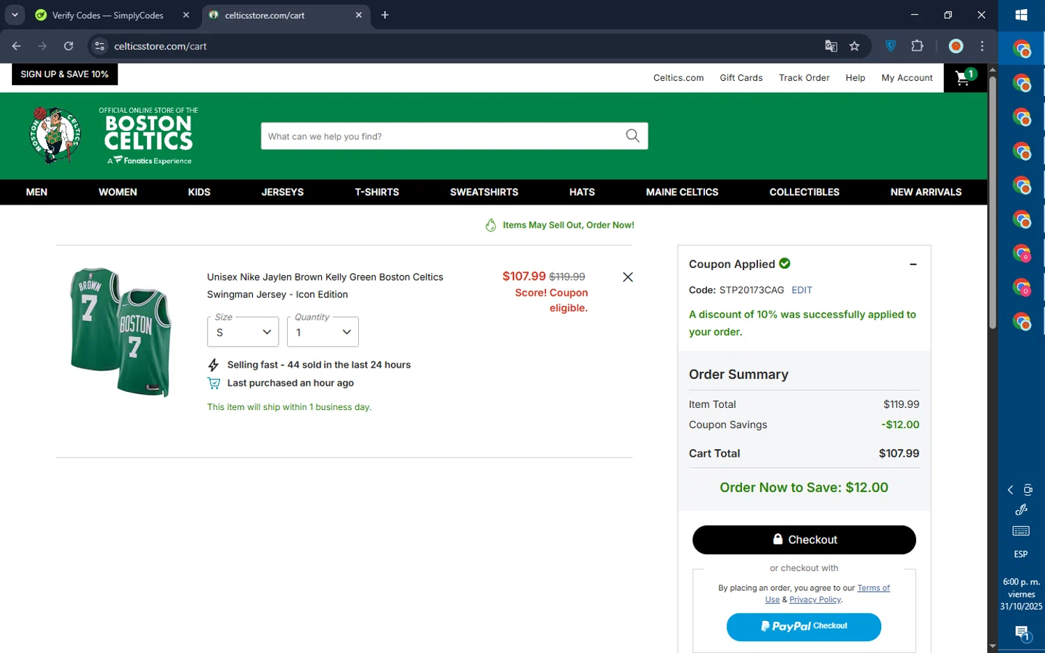 Boston Celtics promo code screenshot showing code STP20173CAG applied at Boston Celtics checkout page. Uploaded by SimplyCodes community member GoldPilot5958 on Oct 31, 2025