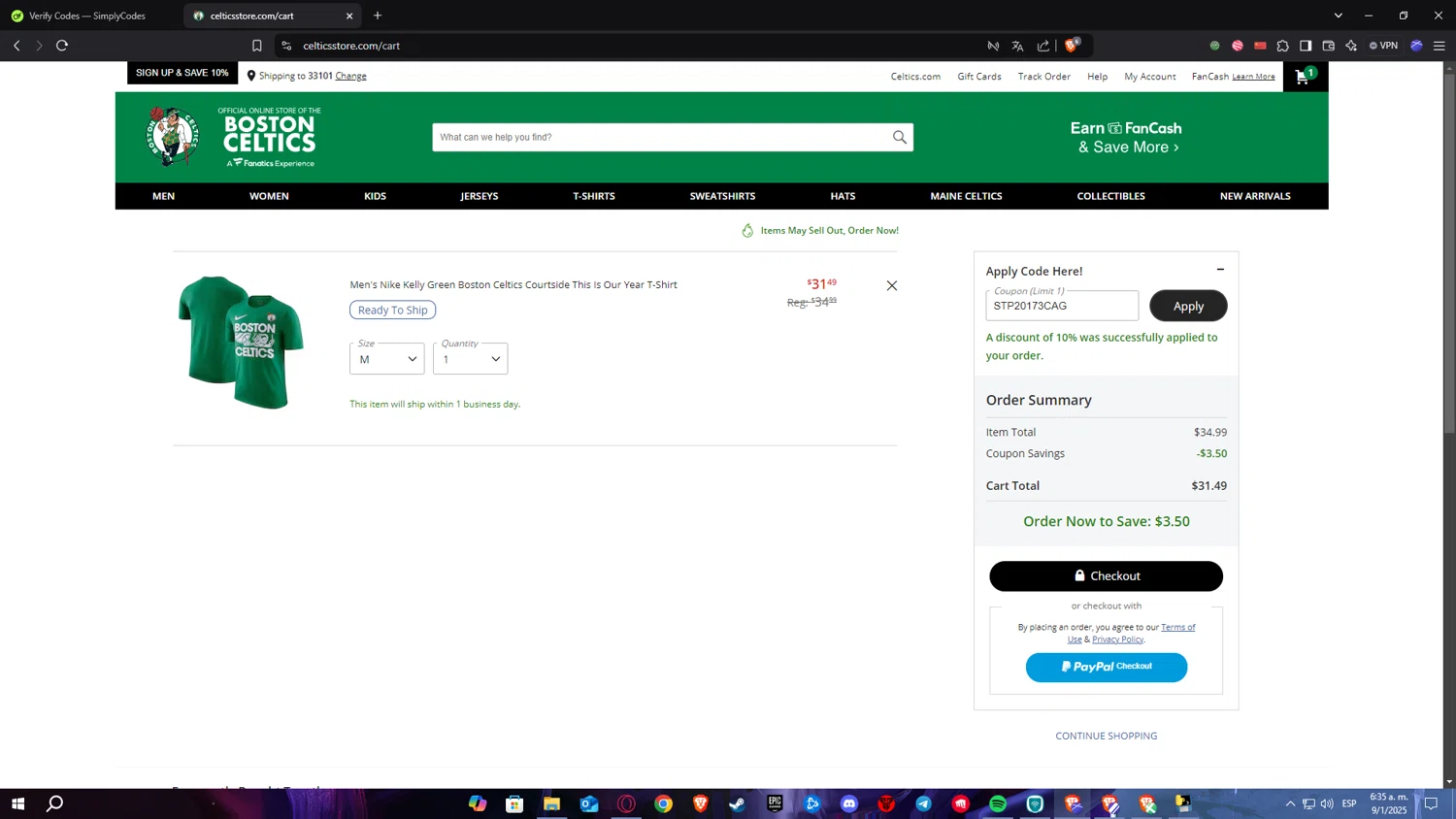 Boston Celtics promo code screenshot showing code STP20173CAG applied at Boston Celtics checkout page. Uploaded by SimplyCodes community member Nekiro on Jan 9, 2025