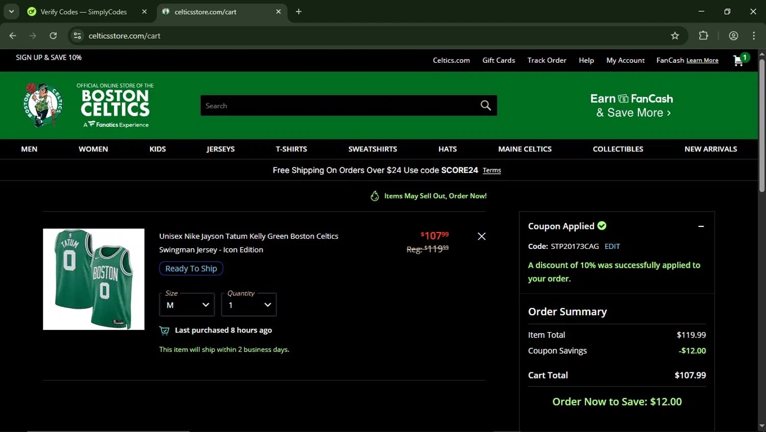 Boston Celtics promo code screenshot showing code STP20173CAG applied at Boston Celtics checkout page. Uploaded by SimplyCodes community member LegendaryFalcon5662 on Mar 24, 2025