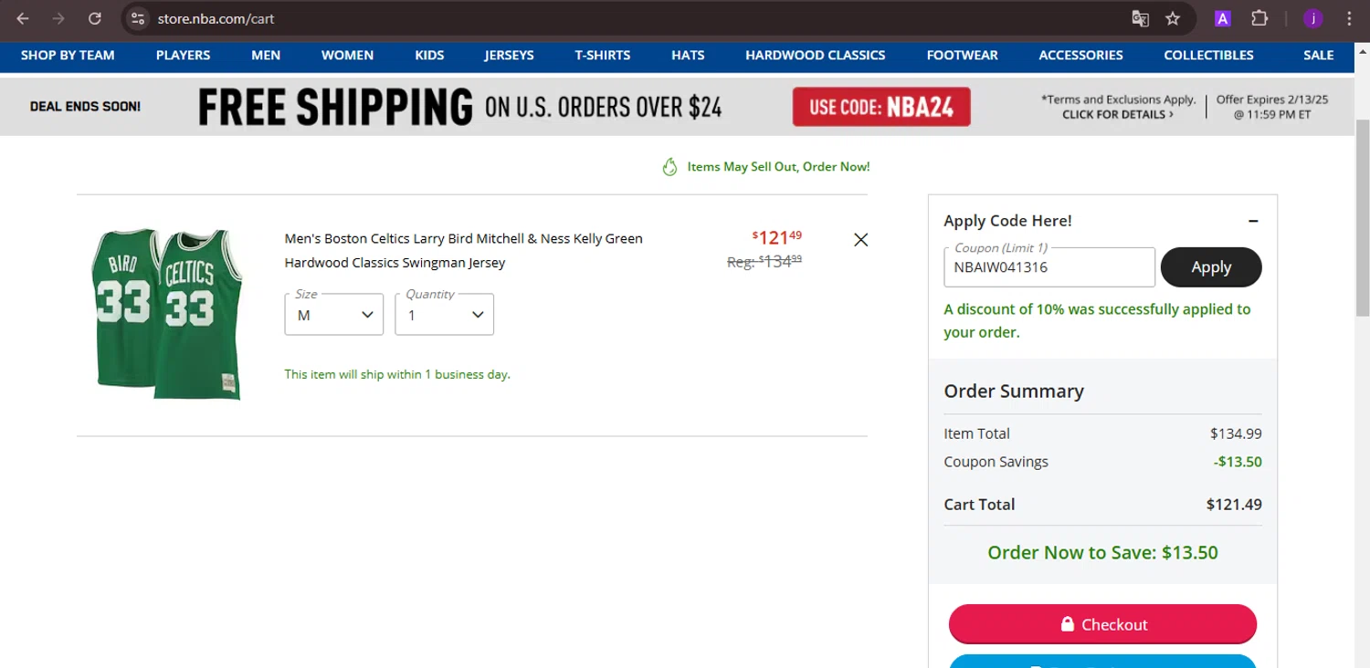 Boston Celtics promo code screenshot showing code NBAIW041316 applied at Boston Celtics checkout page. Uploaded by SimplyCodes community member CoinMaverick1452 on Feb 13, 2025