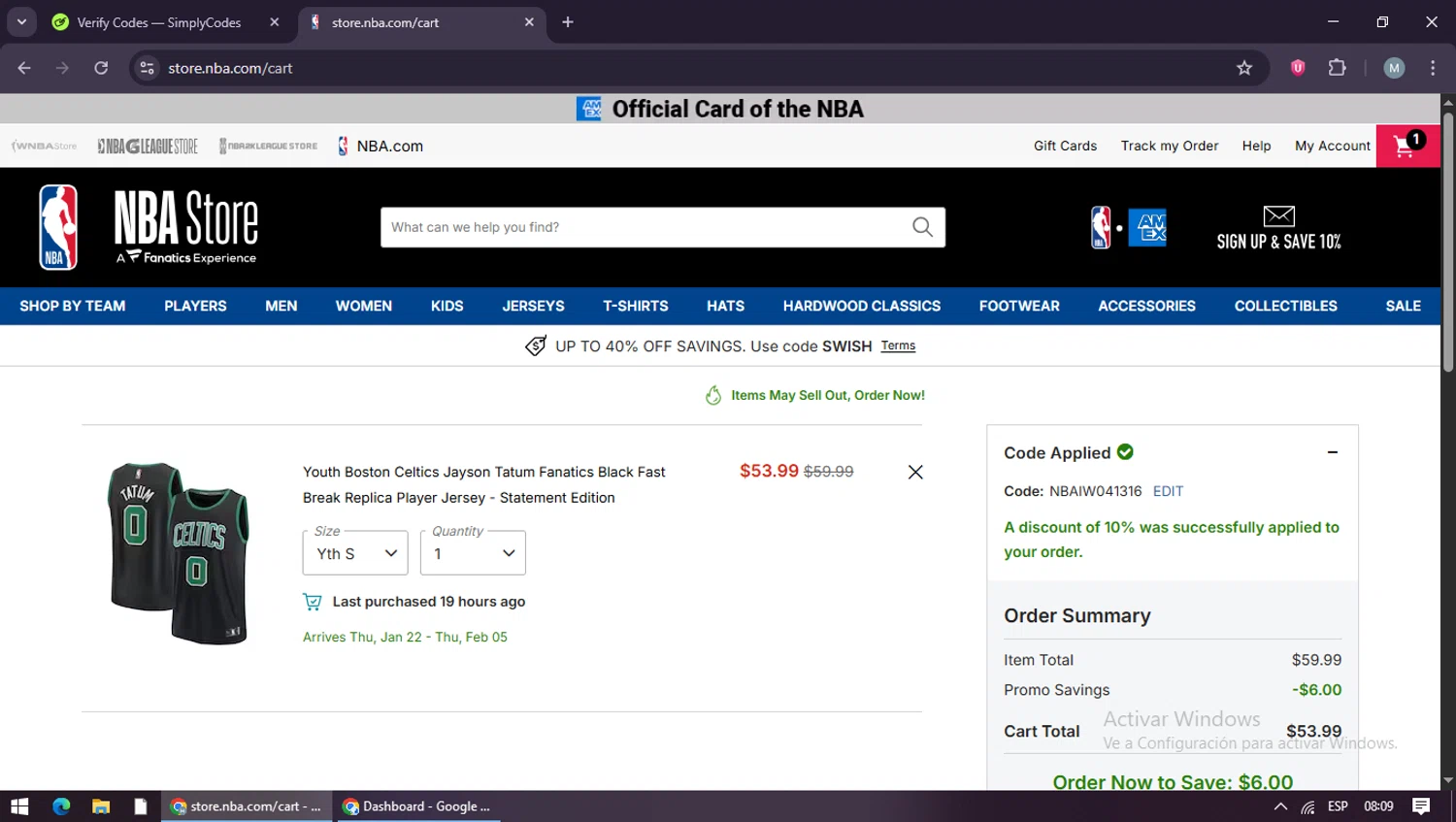 Boston Celtics promo code screenshot showing code NBAIW041316 applied at Boston Celtics checkout page. Uploaded by SimplyCodes community member maraxo on Dec 26, 2025