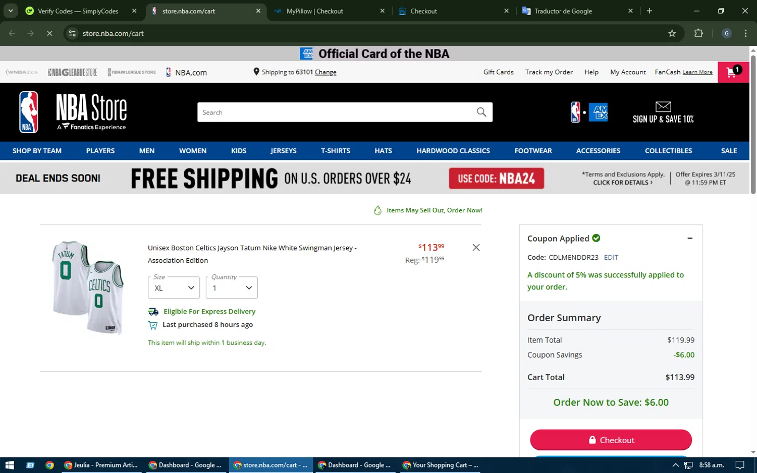 Boston Celtics promo code screenshot showing code CDLMENDDR23 applied at Boston Celtics checkout page. Uploaded by SimplyCodes community member TOUSEN on Mar 11, 2025