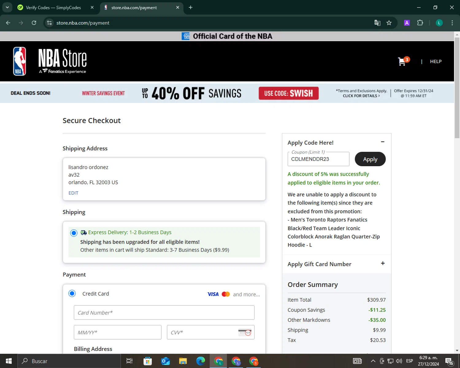 Boston Celtics promo code screenshot showing code CDLMENDDR23 applied at Boston Celtics checkout page. Uploaded by SimplyCodes community member ValueExpert7524 on Dec 27, 2024