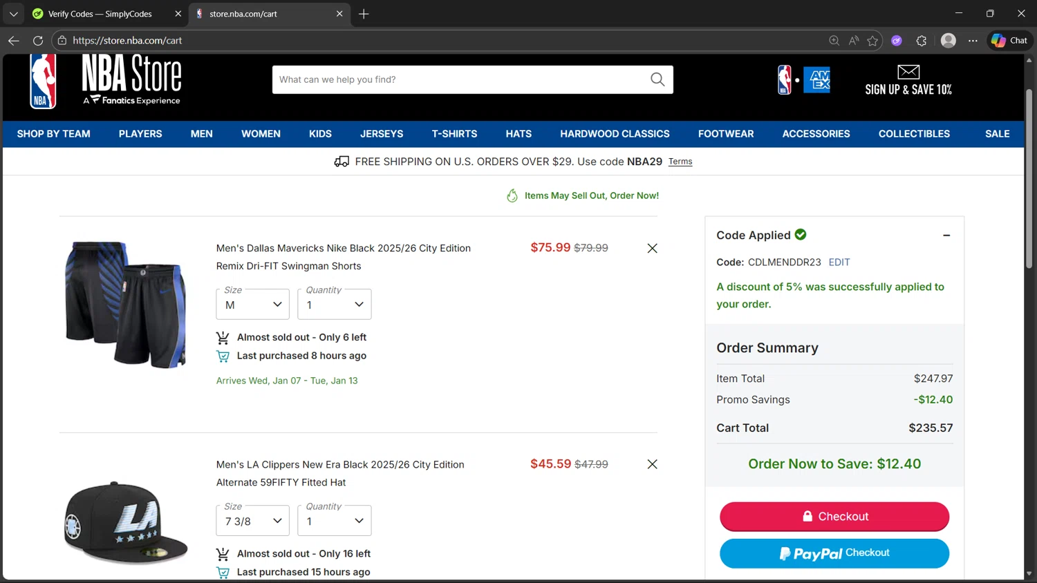 Boston Celtics checkout page showing Boston Celtics promo code box | Screenshot taken by SimplyCodes community member on Jan 1, 2026