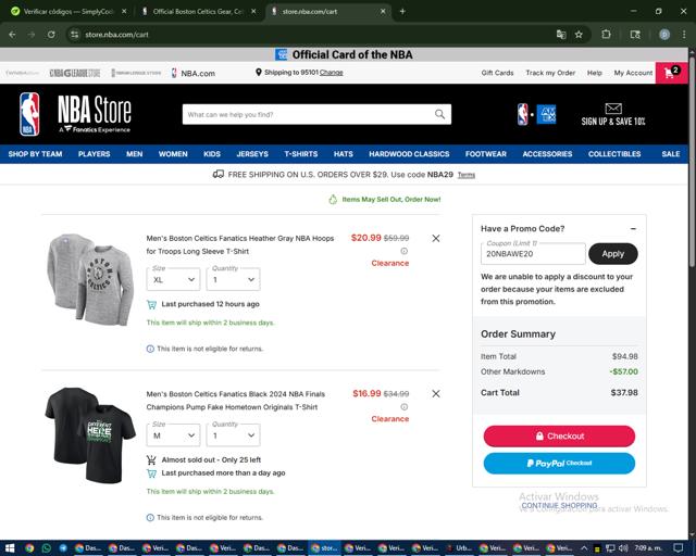 Boston Celtics checkout page showing Boston Celtics promo code box | Screenshot taken by SimplyCodes community member on Sep 6, 2025