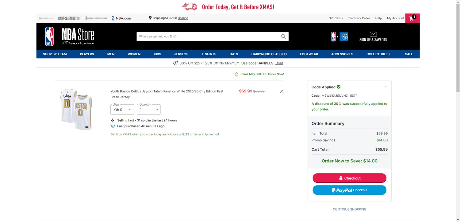 Boston Celtics checkout page showing Boston Celtics promo code box | Screenshot taken by SimplyCodes community member on Dec 16, 2025