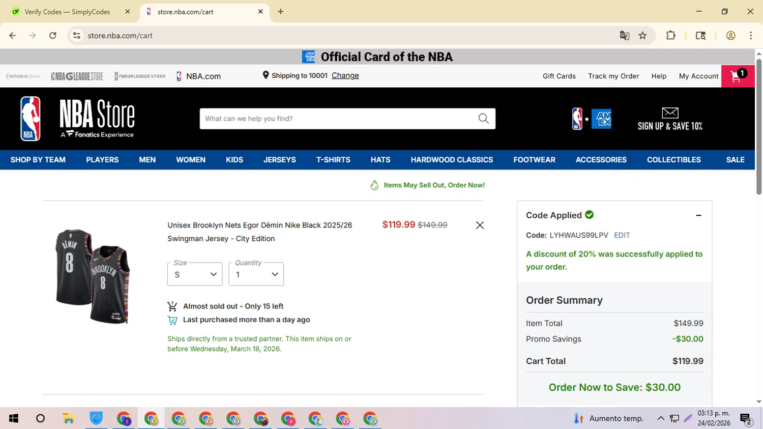 Boston Celtics checkout page showing Boston Celtics promo code box | Screenshot taken by SimplyCodes community member on Feb 24, 2026