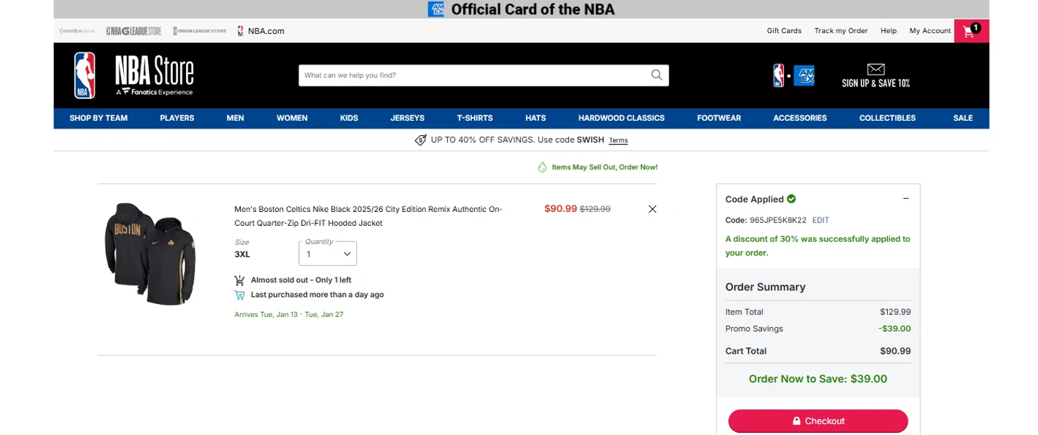 Boston Celtics promo code screenshot showing code 965JPE5K8K22 applied at Boston Celtics checkout page. Uploaded by SimplyCodes community member OnlywM on Dec 26, 2025