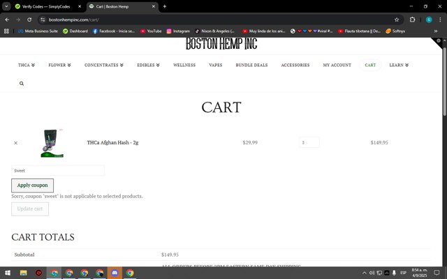 Boston Hemp checkout page showing Boston Hemp coupon code box | Screenshot taken by SimplyCodes community member on Sep 4, 2025