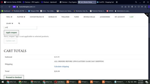 Boston Hemp checkout page showing Boston Hemp coupon code box | Screenshot taken by SimplyCodes community member on Sep 4, 2025