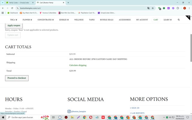 Boston Hemp checkout page showing Boston Hemp coupon code box | Screenshot taken by SimplyCodes community member on Sep 4, 2025