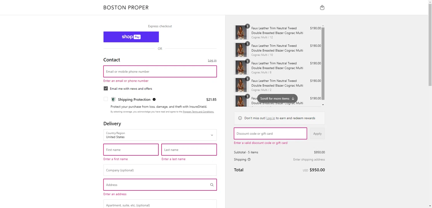 Boston Proper coupon code screenshot showing code FREESHIP applied at Boston Proper checkout page. Uploaded by SimplyCodes community member EpicEagle816 on Aug 22, 2025