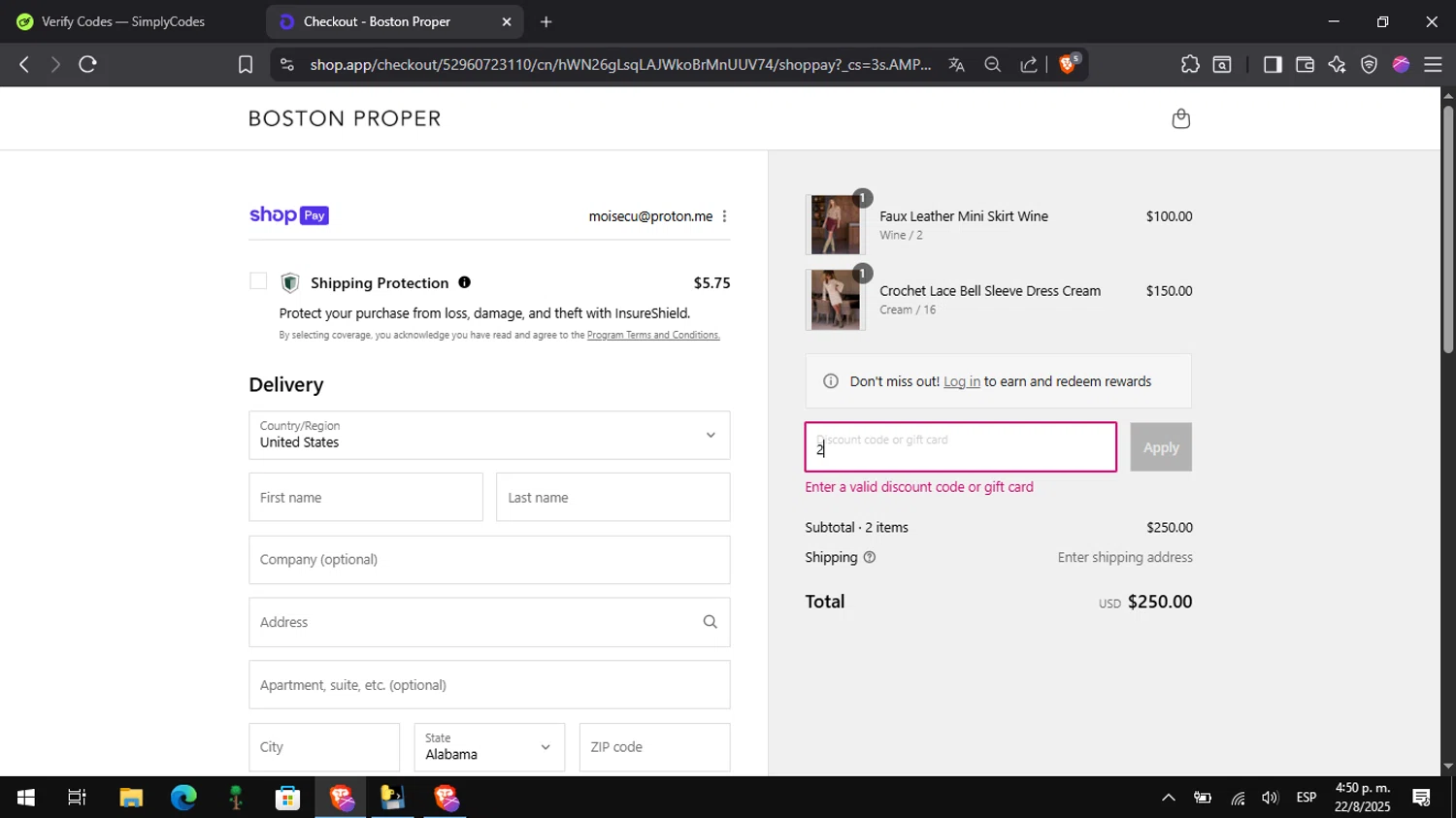 Boston Proper coupon code screenshot showing code FREESHIP applied at Boston Proper checkout page. Uploaded by SimplyCodes community member Pitochu on Aug 22, 2025