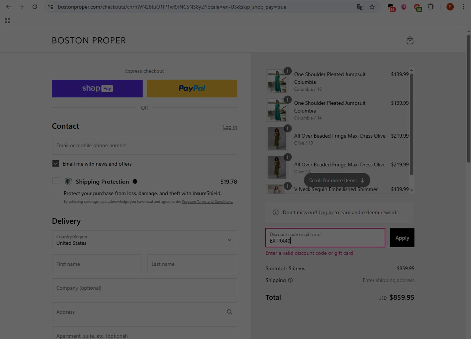 Boston Proper coupon code screenshot showing code EXTRA40 applied at Boston Proper checkout page. Uploaded by SimplyCodes community member ShieldMonarch1065 on Aug 22, 2025
