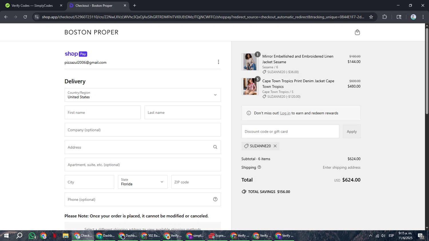 Boston Proper coupon code screenshot showing code SUZANNE20 applied at Boston Proper checkout page. Uploaded by SimplyCodes community member ShrewdSeeker6165 on Jun 11, 2025