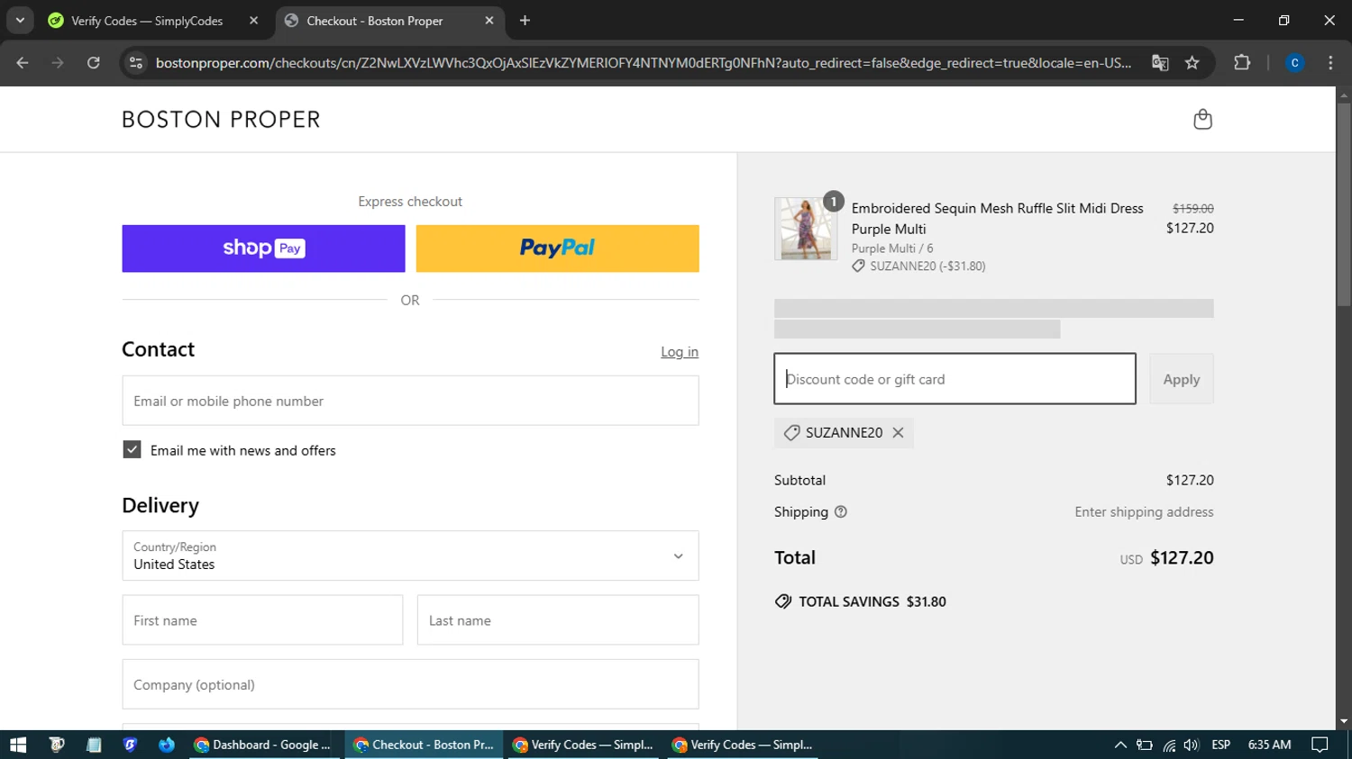 Boston Proper coupon code screenshot showing code SUZANNE20 applied at Boston Proper checkout page. Uploaded by SimplyCodes community member BargainExpert7605 on Mar 24, 2025