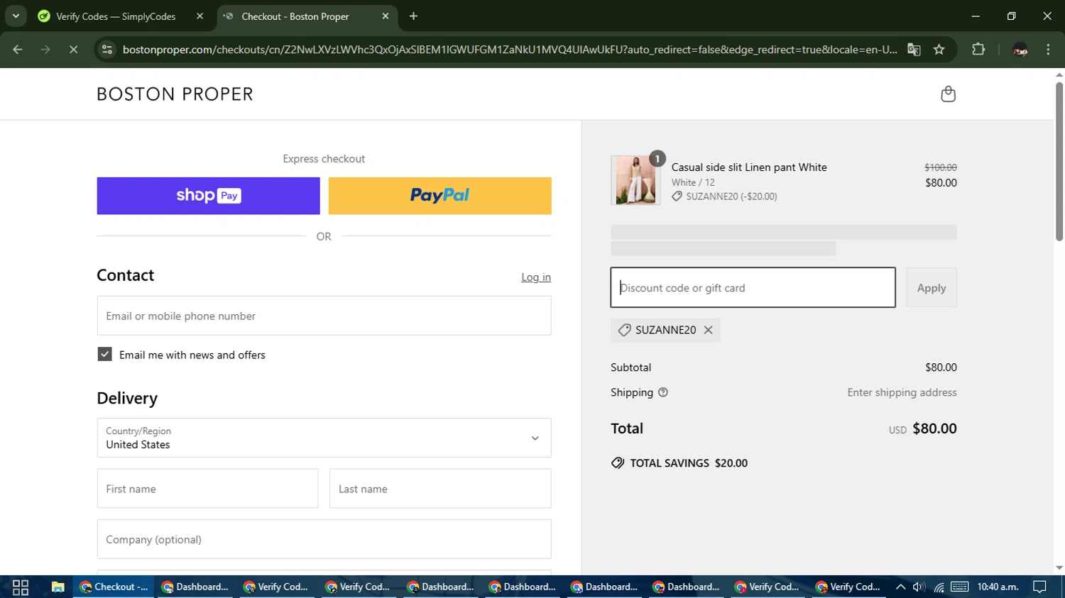 Boston Proper coupon code screenshot showing code SUZANNE20 applied at Boston Proper checkout page. Uploaded by SimplyCodes community member WonderCurator791 on Mar 15, 2025