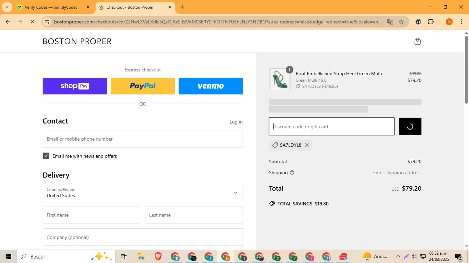 Boston Proper coupon code screenshot showing code SA7lDyl8 applied at Boston Proper checkout page. Uploaded by SimplyCodes community member LegendaryFox4384 on Mar 24, 2025