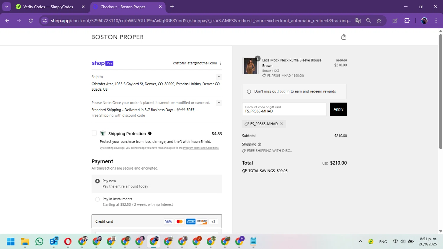 Boston Proper coupon code screenshot showing code FS_PR365-MHAD applied at Boston Proper checkout page. Uploaded by SimplyCodes community member Marielis on Aug 27, 2025