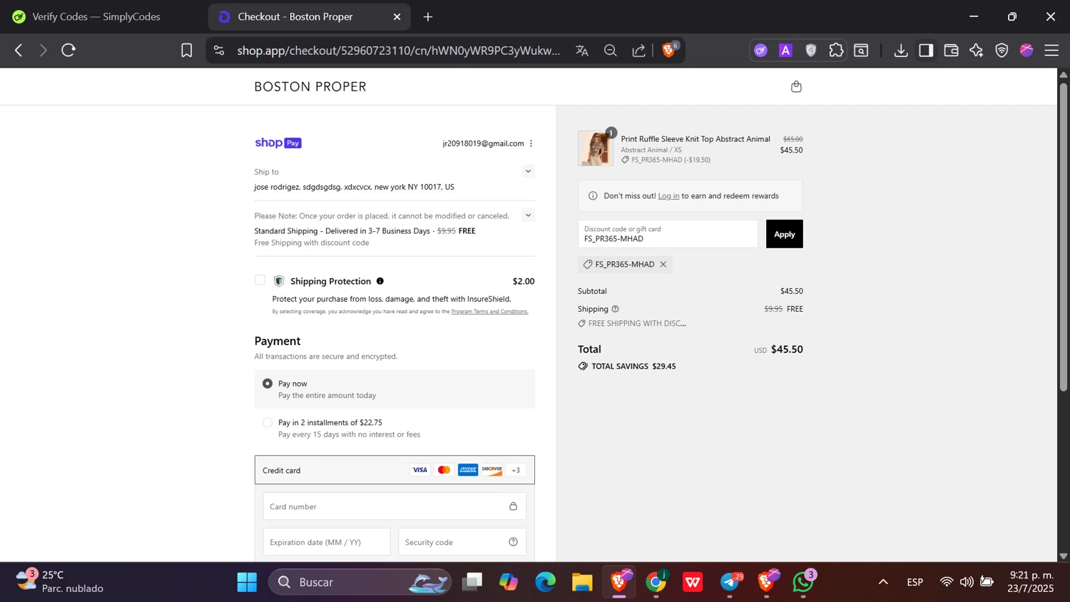 Boston Proper coupon code screenshot showing code FS_PR365-MHAD applied at Boston Proper checkout page. Uploaded by SimplyCodes community member hanzell2 on Jul 24, 2025