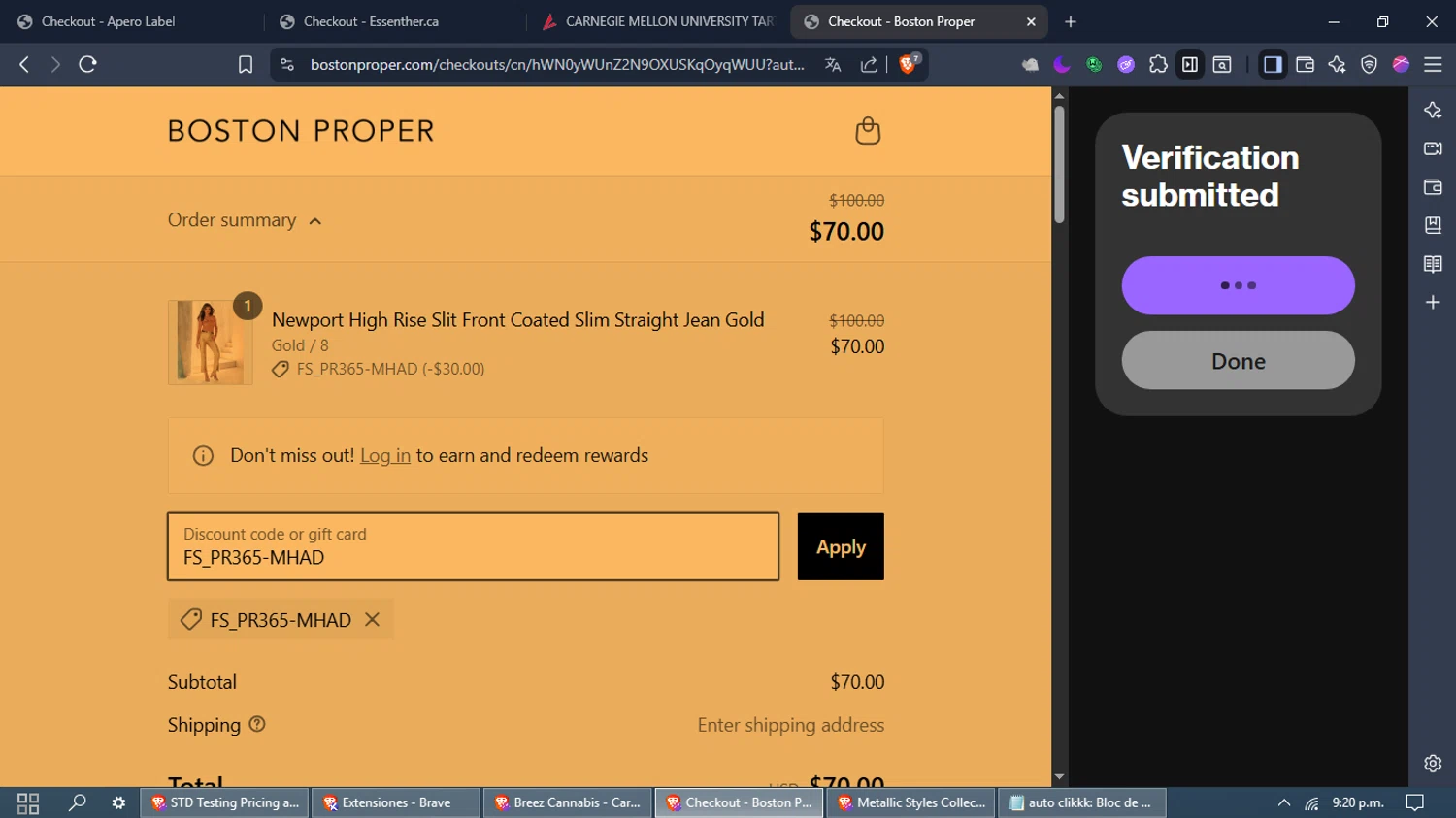 Boston Proper coupon code screenshot showing code FS_PR365-MHAD applied at Boston Proper checkout page. Uploaded by SimplyCodes community member maximoarquimedes on Jul 24, 2025