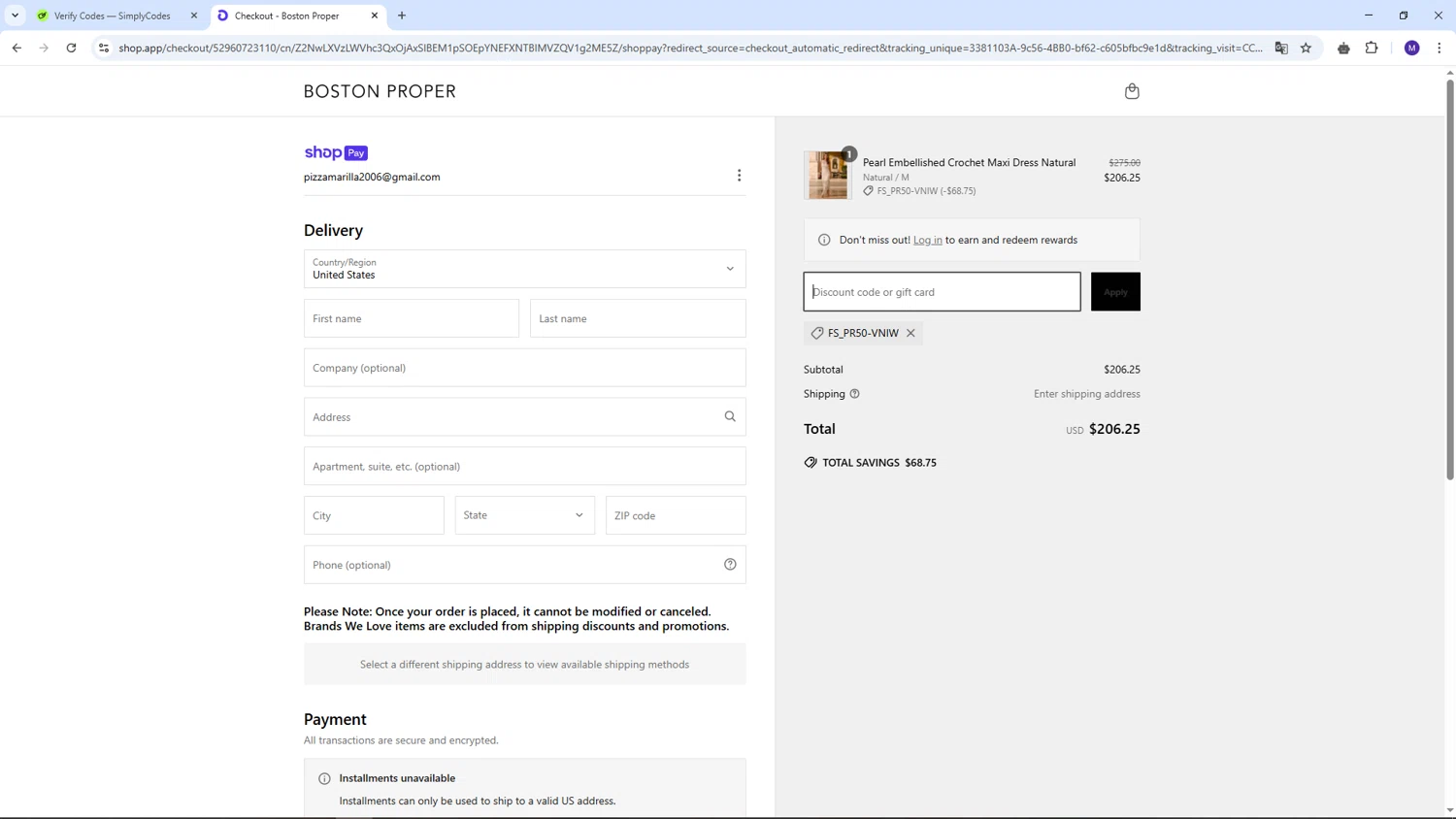 Boston Proper coupon code screenshot showing code FS_PR50-VNIW applied at Boston Proper checkout page. Uploaded by SimplyCodes community member CRF250CC on Mar 15, 2025