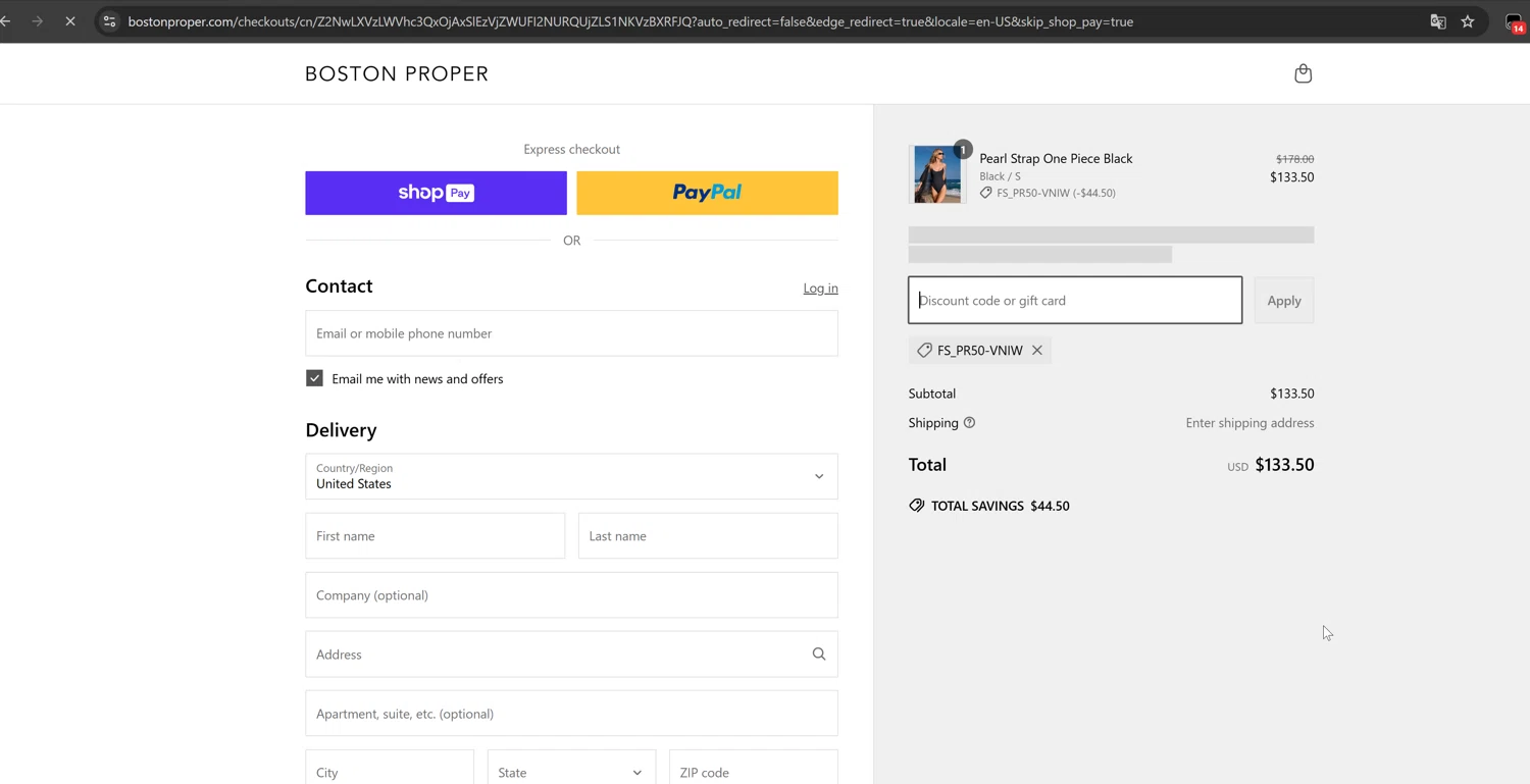 Boston Proper coupon code screenshot showing code FS_PR50-VNIW applied at Boston Proper checkout page. Uploaded by SimplyCodes community member MiauMiau on Mar 24, 2025