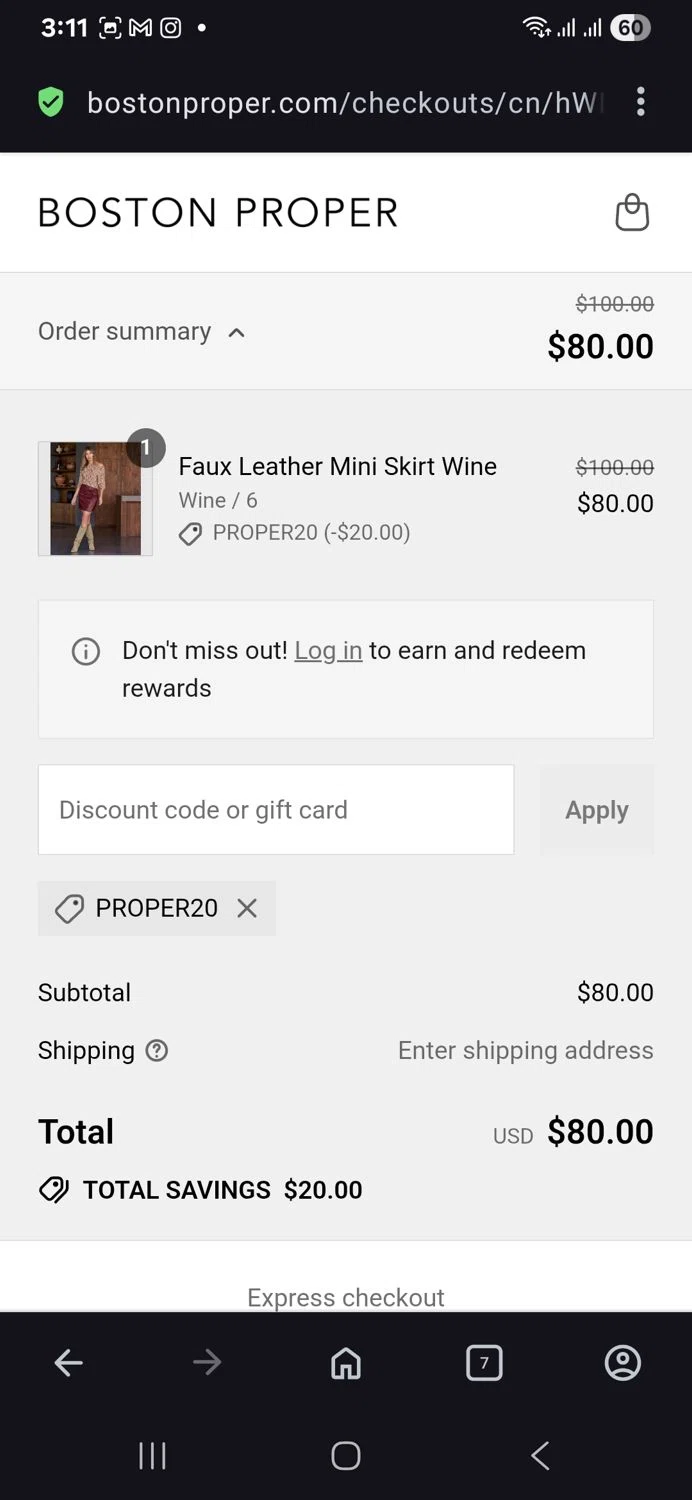 Boston Proper coupon code screenshot showing code Proper20 applied at Boston Proper checkout page. Uploaded by SimplyCodes community member vida5254427716958 on Aug 25, 2025