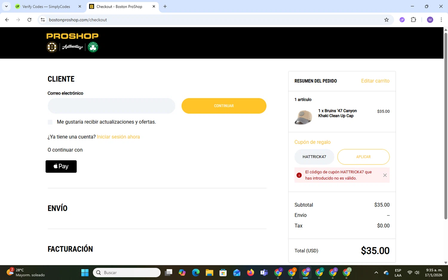 Boston ProShop coupon code screenshot showing code HATTRICK47 applied at Boston ProShop checkout page. Uploaded by SimplyCodes community member CodeLegend9632 on Jan 17, 2026