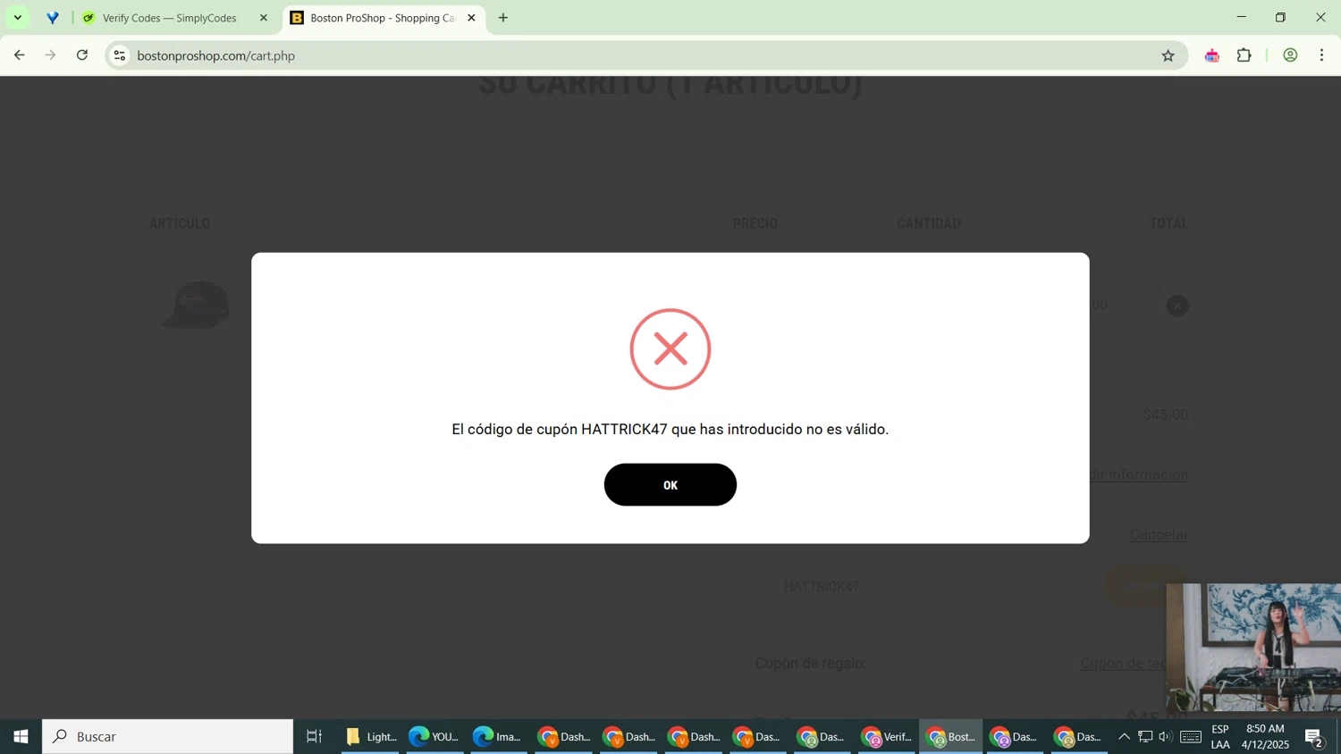 Boston ProShop coupon code screenshot showing code HATTRICK47 applied at Boston ProShop checkout page. Uploaded by SimplyCodes community member VoucherPilot9919 on Apr 12, 2025