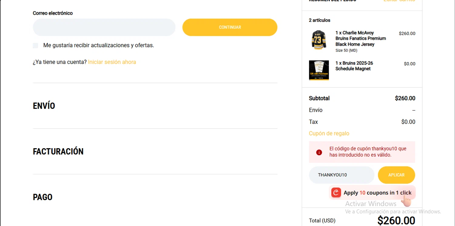 Boston ProShop coupon code screenshot showing code THANKYOU10 applied at Boston ProShop checkout page. Uploaded by SimplyCodes community member RewardLynx9164 on Nov 6, 2025