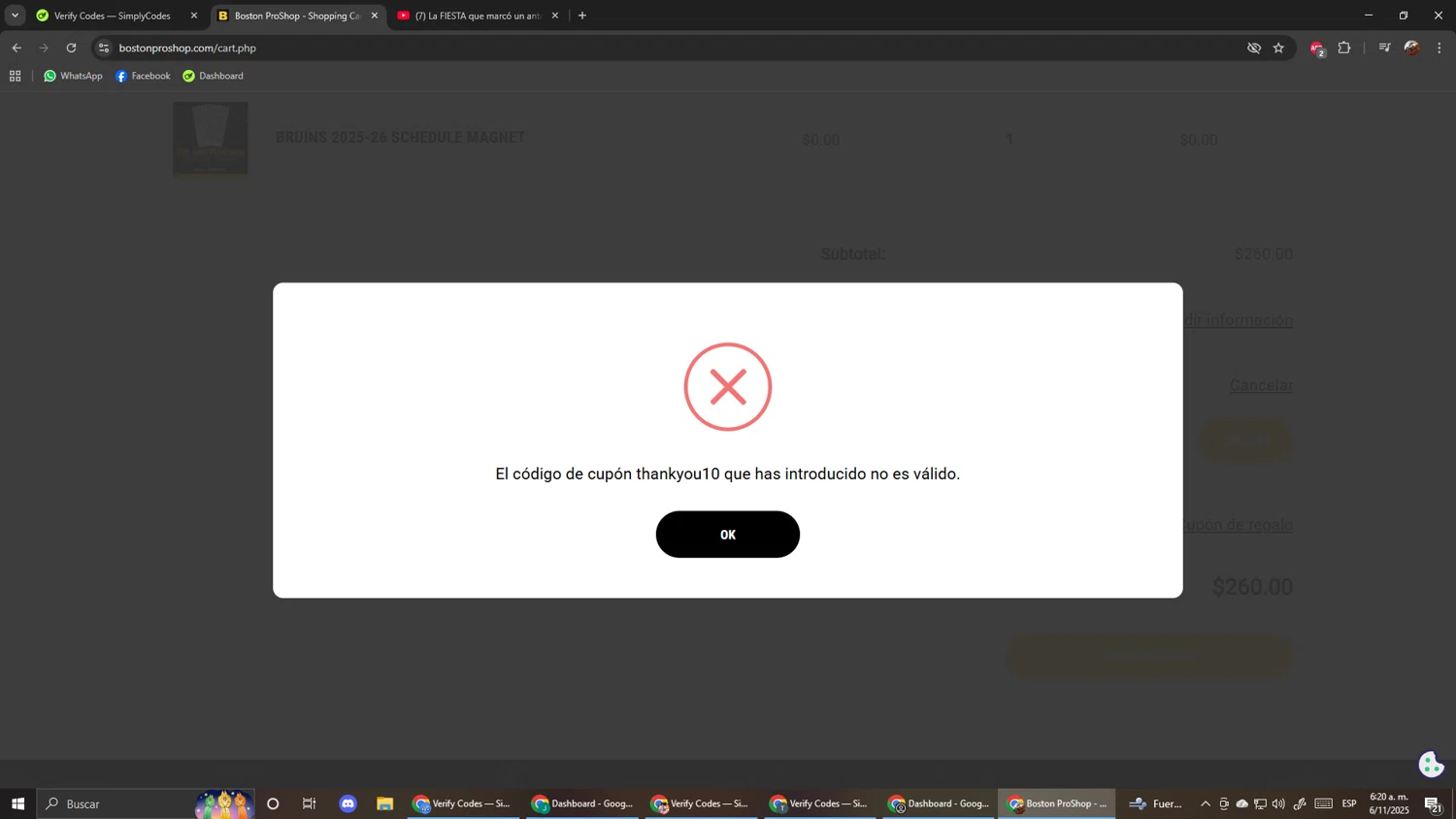 Boston ProShop coupon code screenshot showing code THANKYOU10 applied at Boston ProShop checkout page. Uploaded by SimplyCodes community member ScanShopper554 on Nov 6, 2025