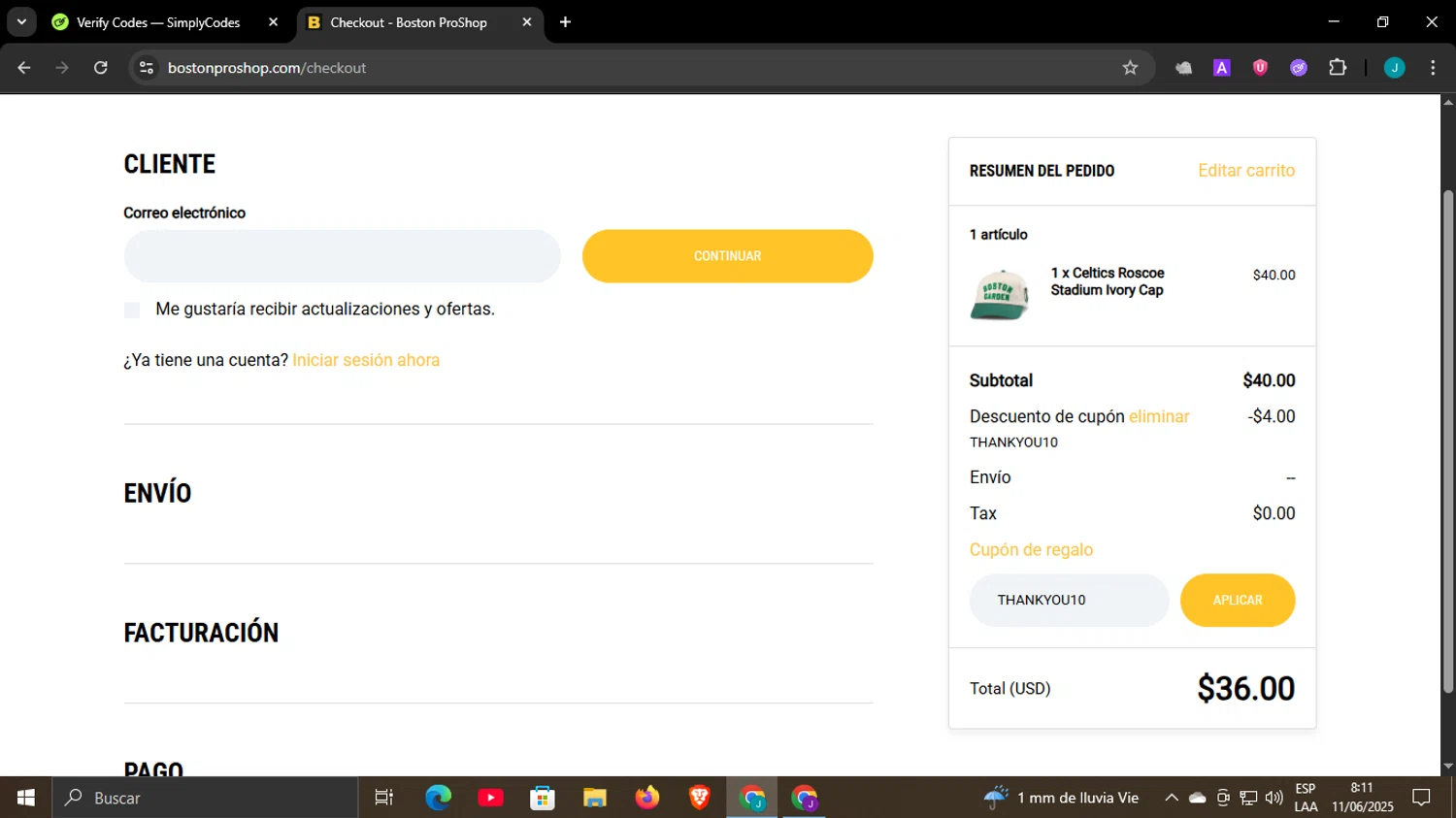 Boston ProShop coupon code screenshot showing code THANKYOU10 applied at Boston ProShop checkout page. Uploaded by SimplyCodes community member WonderCaptain6926 on Jun 11, 2025