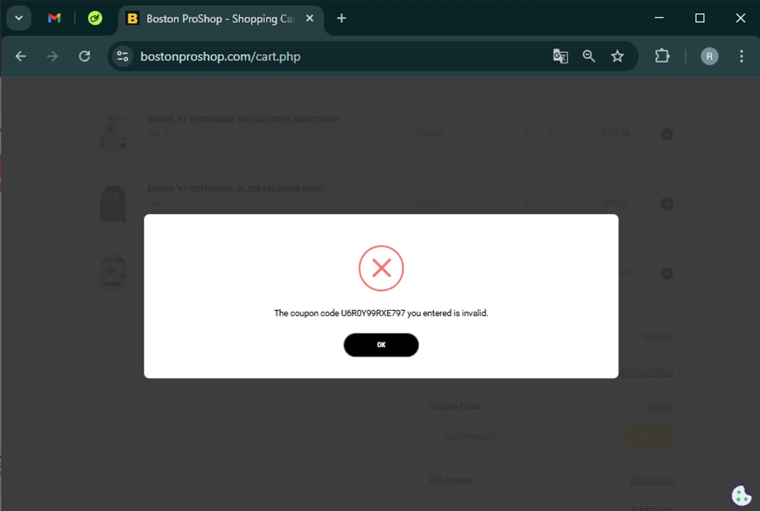 Boston ProShop coupon code screenshot showing code U6R0Y99RXE797 applied at Boston ProShop checkout page. Uploaded by SimplyCodes community member PrimeWhiz5416 on Feb 27, 2025