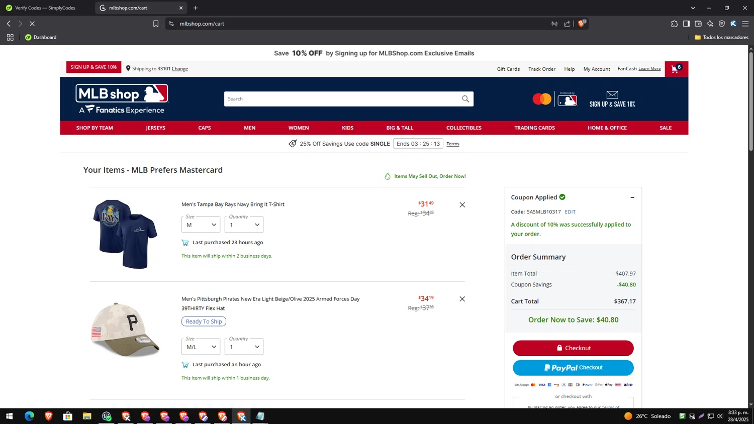 Boston Red Sox promo code screenshot showing code SASMLB10317 applied at Boston Red Sox checkout page. Uploaded by SimplyCodes community member PrimeExpert2544 on Apr 29, 2025