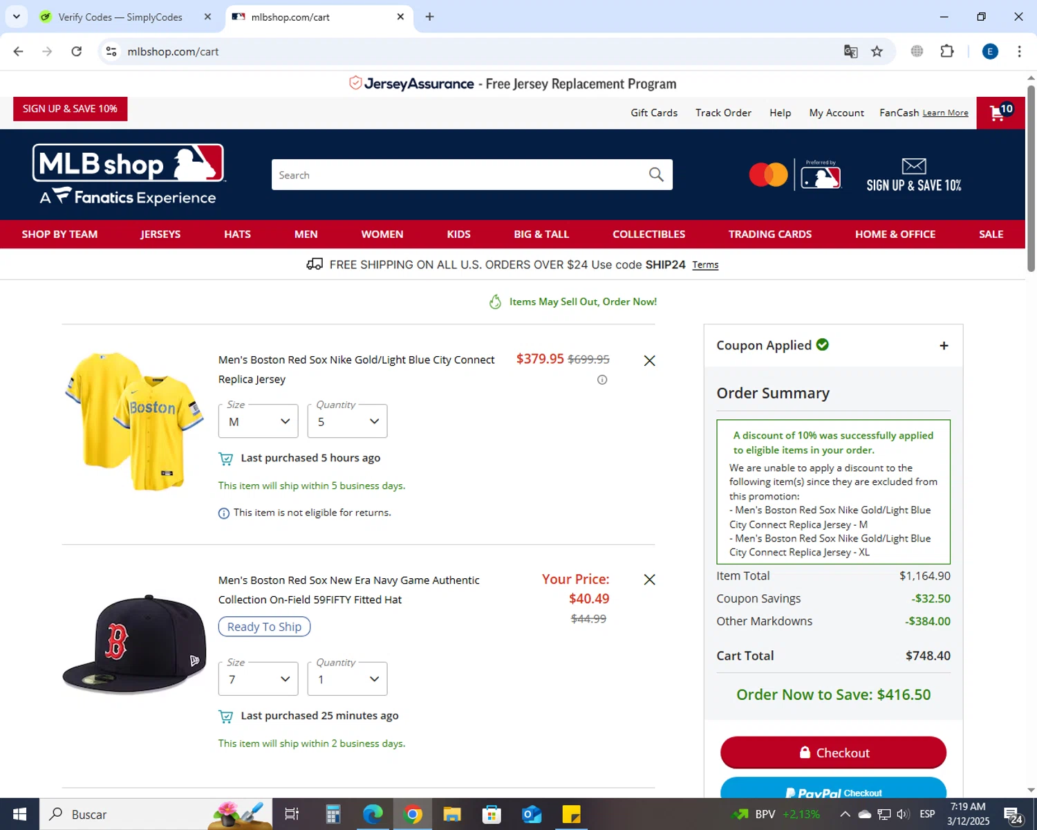 Boston Red Sox promo code screenshot showing code SASMLB10317 applied at Boston Red Sox checkout page. Uploaded by SimplyCodes community member MoneyGenius452 on Mar 12, 2025