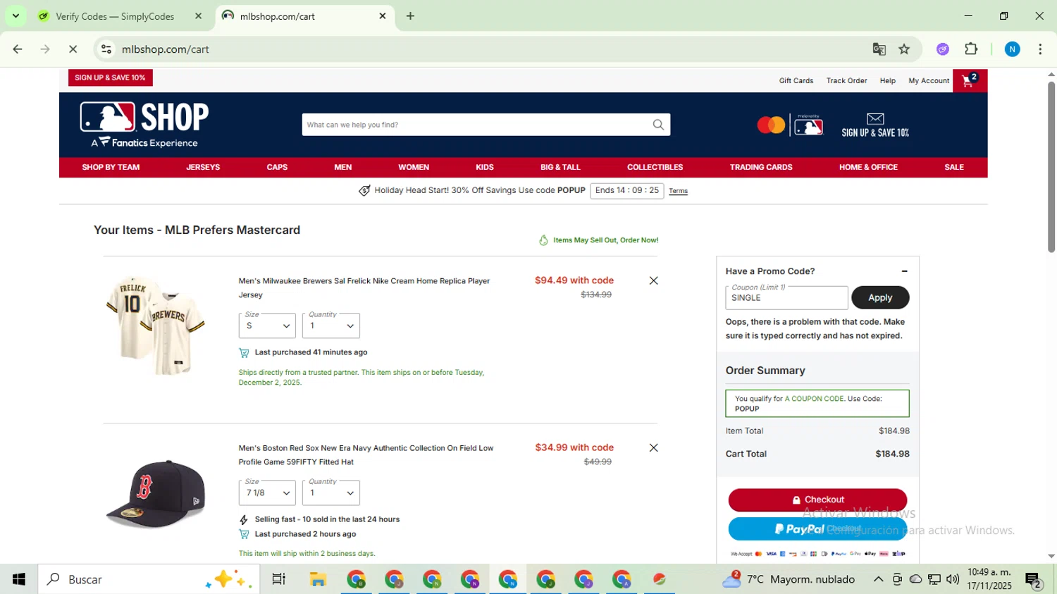 Boston Red Sox promo code screenshot showing code single applied at Boston Red Sox checkout page. Uploaded by SimplyCodes community member CoinHawk678 on Nov 17, 2025