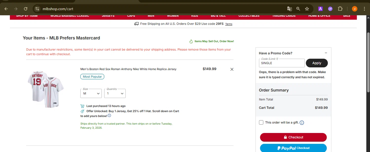 Boston Red Sox promo code screenshot showing code single applied at Boston Red Sox checkout page. Uploaded by SimplyCodes community member PennyAdmiral6960 on Feb 3, 2026