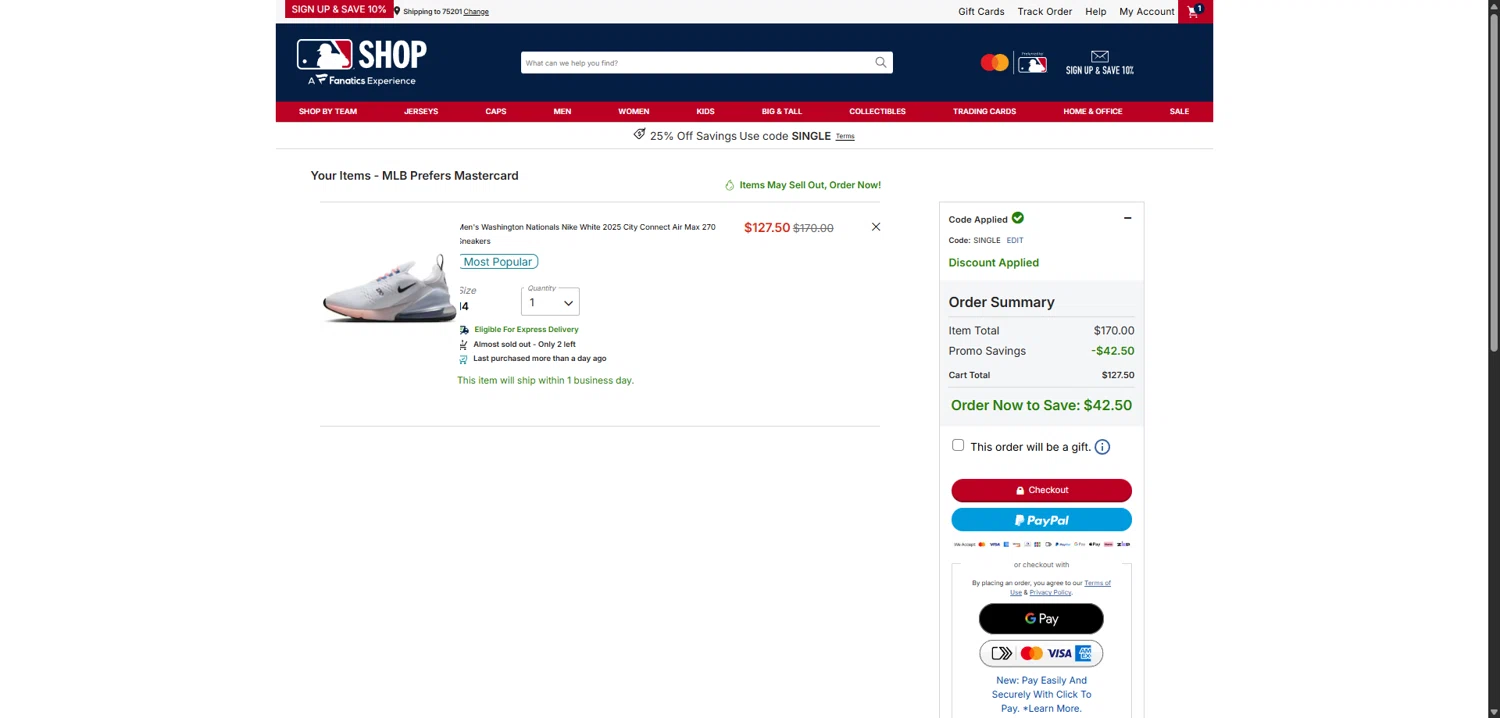 Boston Red Sox checkout page showing Boston Red Sox promo code box | Screenshot taken by SimplyCodes community member on Jan 15, 2026