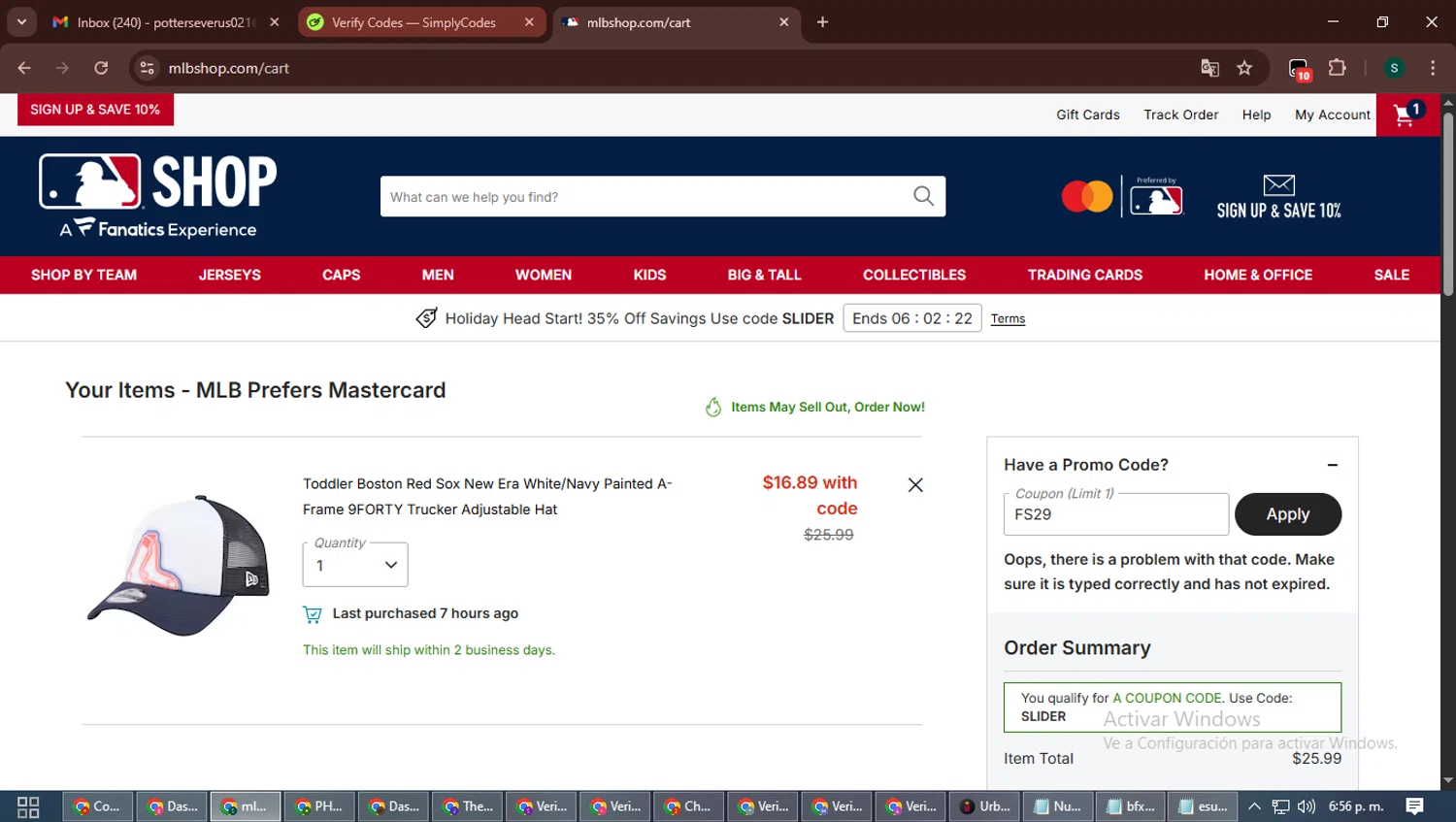 Boston Red Sox promo code screenshot showing code FS29 applied at Boston Red Sox checkout page. Uploaded by SimplyCodes community member ShrewdAce7935 on Nov 16, 2025
