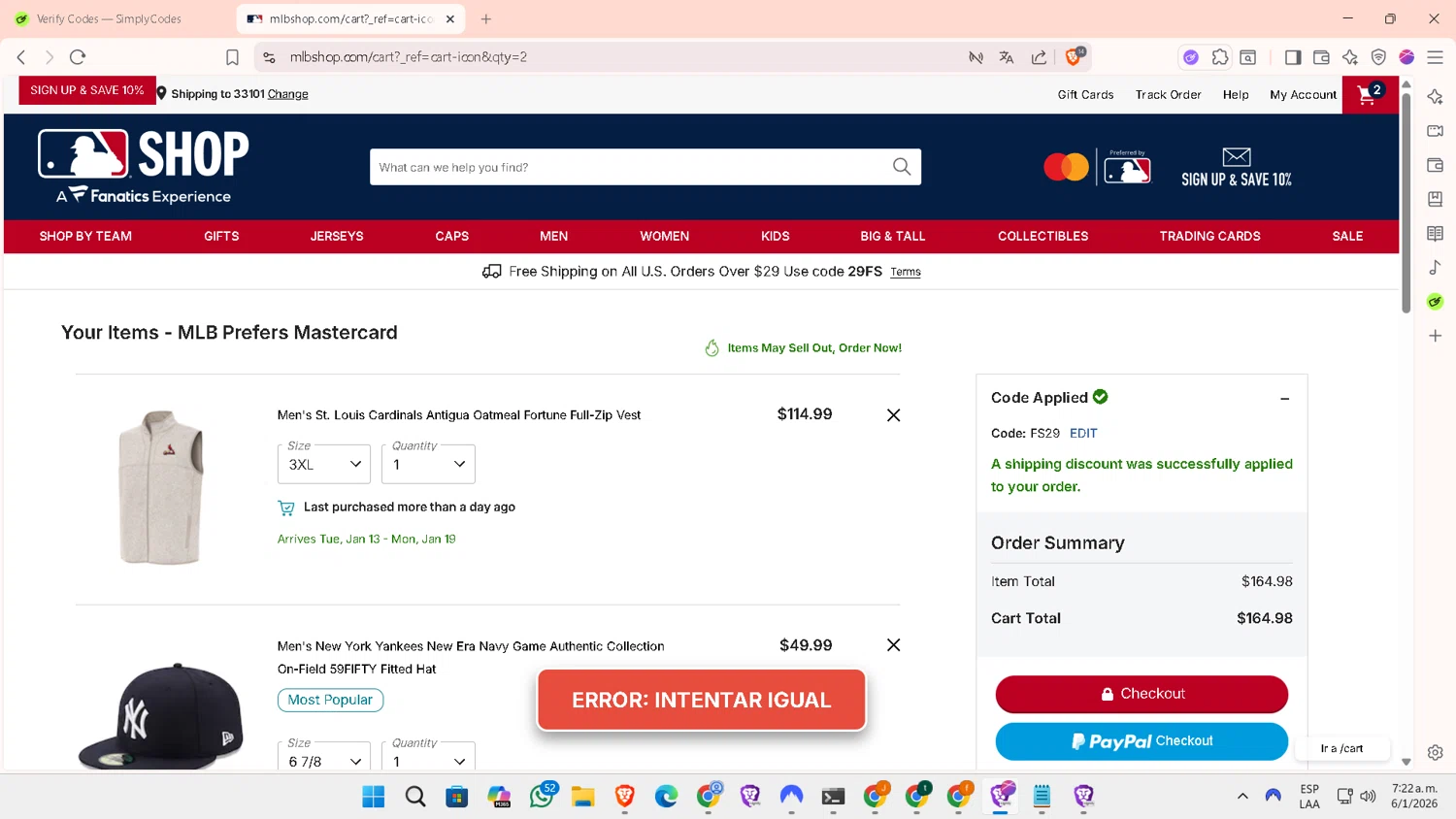 Boston Red Sox checkout page showing Boston Red Sox promo code box | Screenshot taken by SimplyCodes community member on Jan 6, 2026