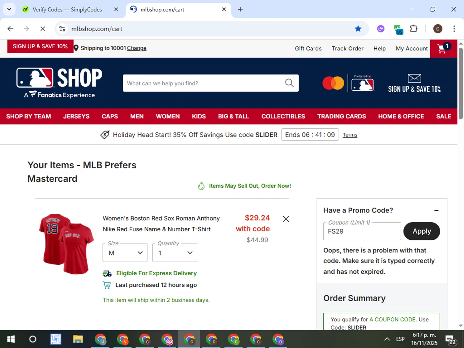 Boston Red Sox promo code screenshot showing code FS29 applied at Boston Red Sox checkout page. Uploaded by SimplyCodes community member TreasureFox8596 on Nov 16, 2025
