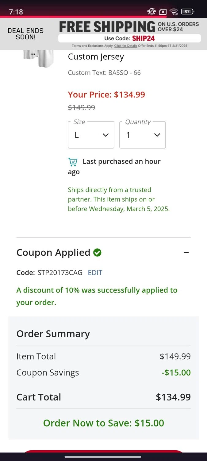 Boston Red Sox promo code screenshot showing code STP20173CAG applied at Boston Red Sox checkout page. Uploaded by SimplyCodes community member Mykeusername on Feb 19, 2025